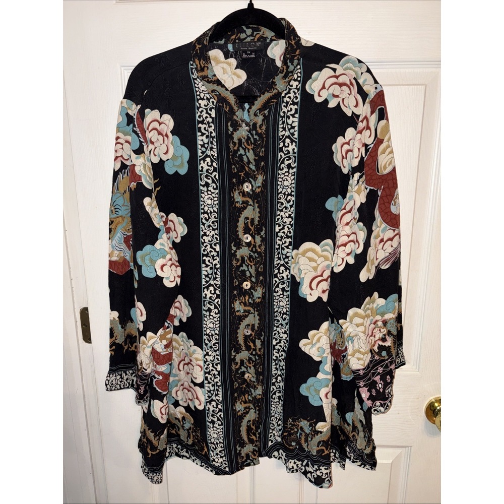 Citron Santa Monica 3X Blouse Tunic 100% Silk Asian Art Serpent Dragon *read*
